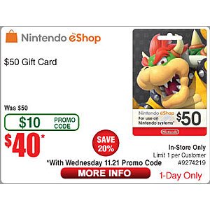 Fry's Email Exclusive: $50 Nintendo eShop Gift Card for $40 w/ 11/21 Promo Code (In-Stores Only)