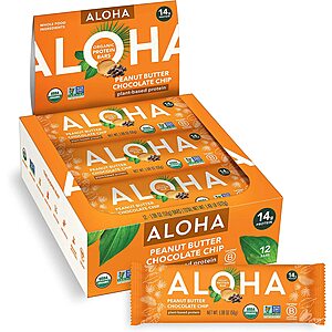 ALOHA Organic Plant Based Protein Bars |Peanut Butter Chocolate Chip | 12 Count, 1.98oz Bars | Vegan, Low Sugar, Gluten Free, Paleo, Low Carb - $14.14 at Amazon