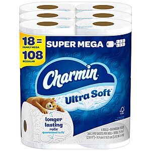Charmin Ultra Soft Toilet Paper: 18-Ct Super Mega Rolls + 18-Ct Mega Rolls $37.48 w/ S&S + Free Shipping