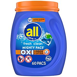 60-Count All Mighty 4-in-1 Laundry Detergent Pacs w/ Oxi $9.74 w/ S&S + Free Shipping w/ Prime or on $35+