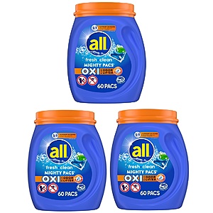 60-Count all Fresh Clean Oxi Plus Odor Lifter Laundry Detergent Pacs: 1 for $9.74 or 3 for $24.42 ($8.14 each) w/ S&S + Free Shipping