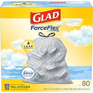 80-Count 13-Gallon Glad ForceFlex Tall Kitchen Drawstring Trash Bags (Febreze) $15.51 + $3 Amazon Credit w/ S&S Free Shipping w/ Prime or on $35+