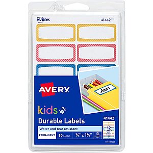 Avery 0.75 x 1.75 Inches Durable Labels for Kids Gear, Assorted, Pack of 60 (41442) - $1.88 FS w/ Prime
