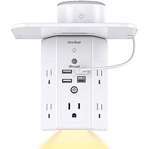 One Beat 5 Outlet Extender w/ 4 USB Ports, Night Light and Outlet Shelf $12.55
