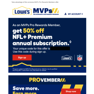 Lowe's MVPs Pro Rewards Member, Get 50% off NFL+ Premium Annual Subscription